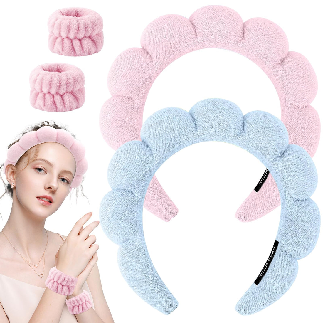 Spa Headband for Washing Face, Soft Makeup Headband and Wrist Washband Set Skincare Headbands, Terry Cloth Bubble Hairband for Women Gifts (Blue+Pink)