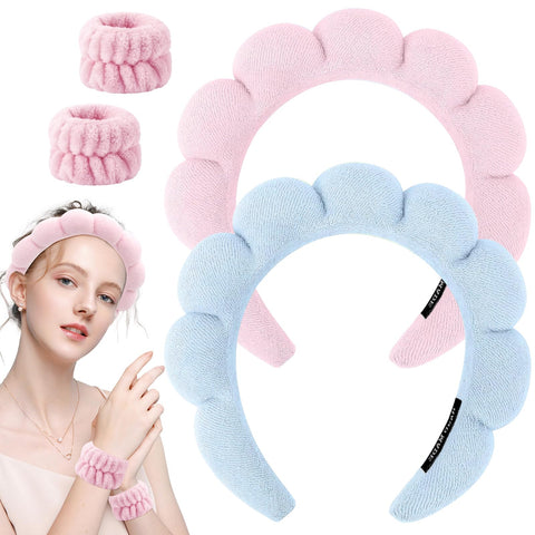 Spa Headband for Washing Face, Soft Makeup Headband and Wrist Washband Set Skincare Headbands, Terry Cloth Bubble Hairband for Women Gifts (Blue+Pink)