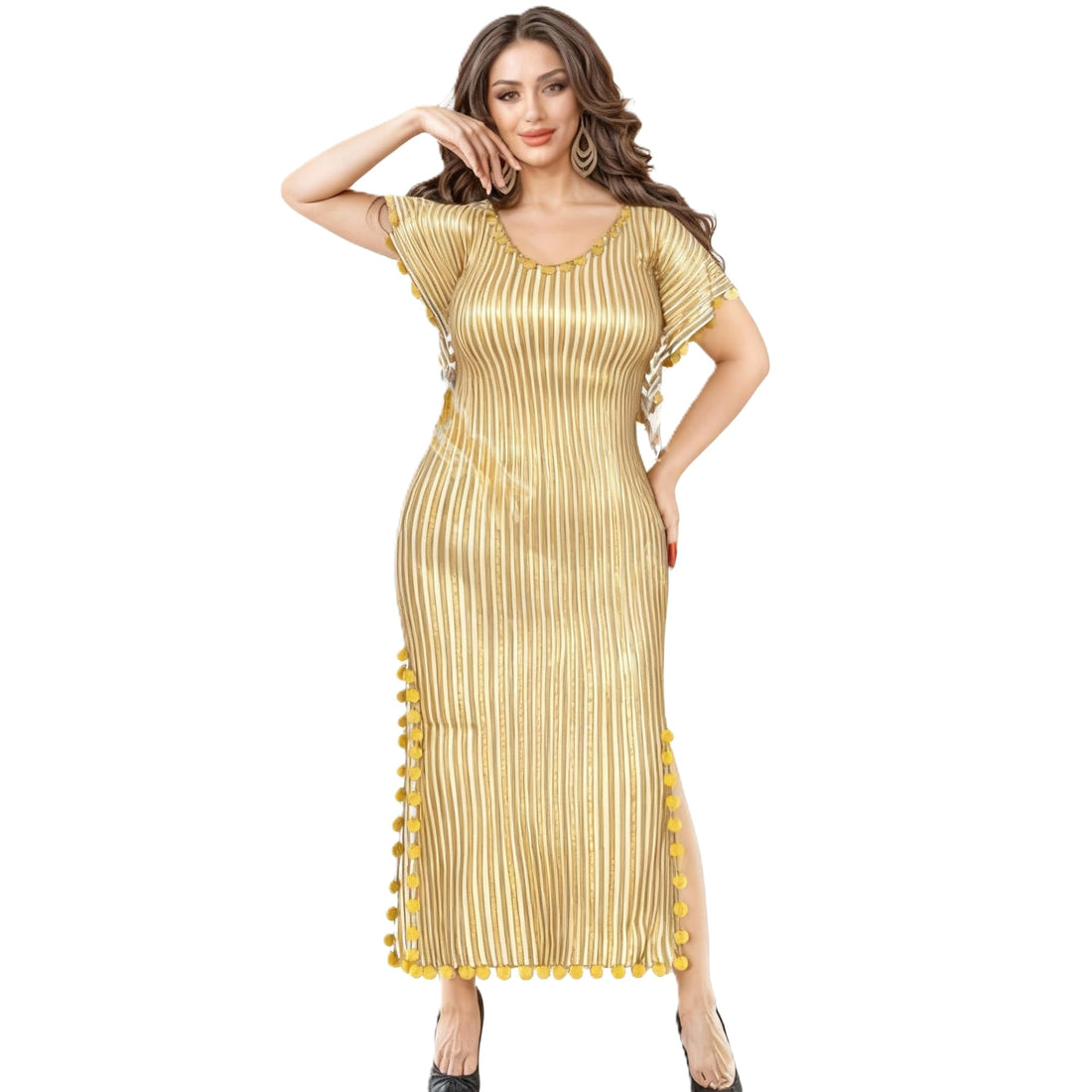 JAZZEEL Women’s Galabeya Belly Dance Dress, Metallic Striped Stretch Fabric, Side Slits for Easy Movement, Tassel Trim Detail, Comfortable Fit for Home Wear & Performances, One Piece