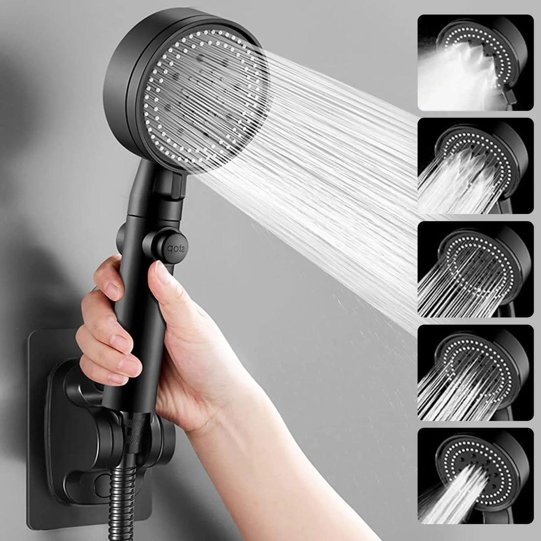 Upgrade your bathroom with the 8-speed adjustable high pressure shower head and water-saving hose filter set, now available in Al-Israa (Black, Single Head)