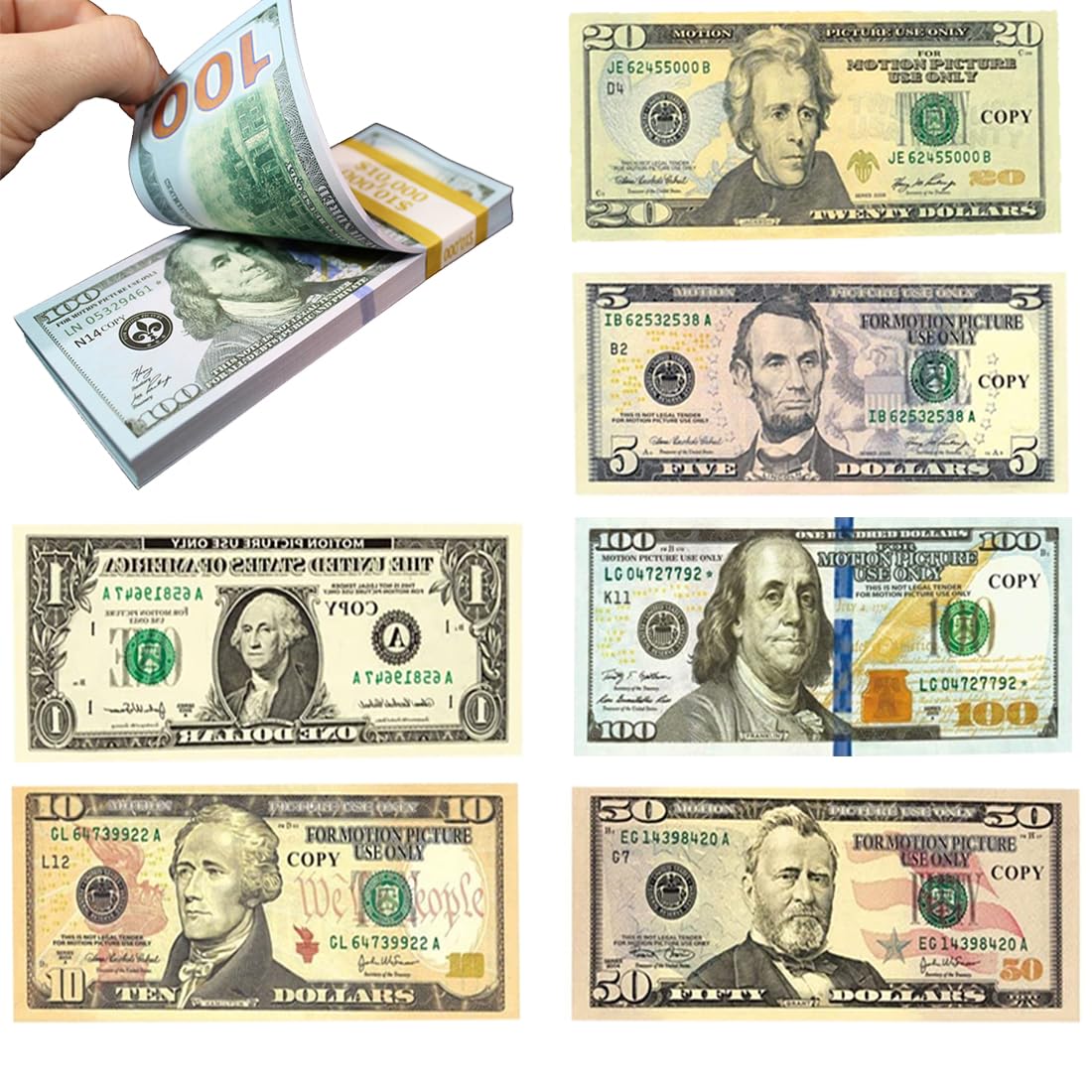 HONGECB Prop Money, Fake Money Dollar, Game Money, Real Size Fake Dollar, Realistic False Banknotes, Movie Props, Casino Games, (20 x 1$,10$,20$,50$,100$)