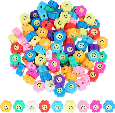 JAZZEEL Polymer Clay Smiley Face Beads 60pcs Mixed Colors Assorted Flower Happy Face Slice Beads for Women Girls Jewelry Making Handmade DIY Bracelet Necklace Hair Clip Accessories
