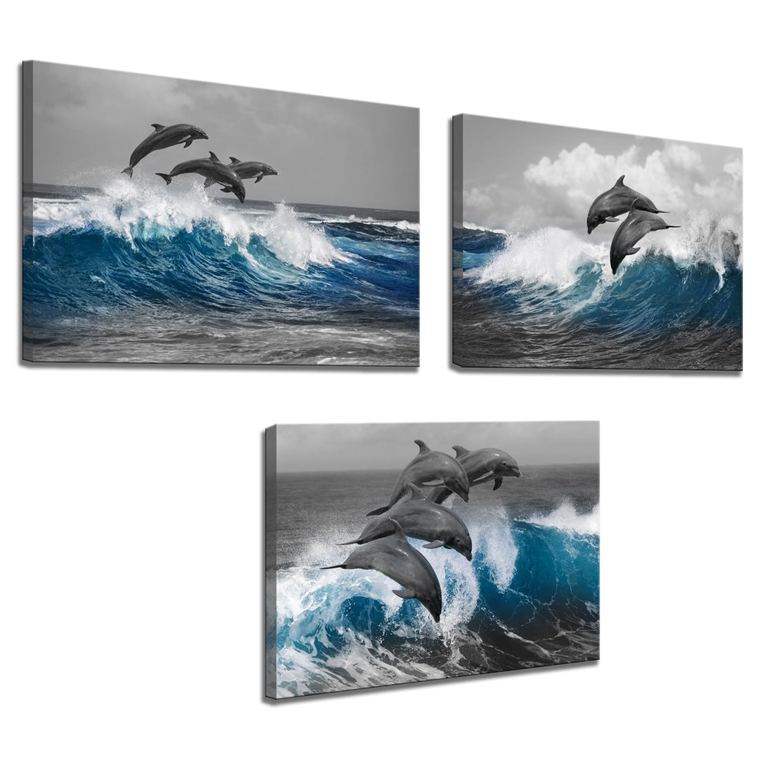 Biuteawal 3 Piece Dolphin Wall Art Grey Blue Ocean Sea Animal Picture Bathroom Decor Marine Painting Prints on Canvas Framed Home Child Bedroom Bathroom Wall Decoration Ready to Hang