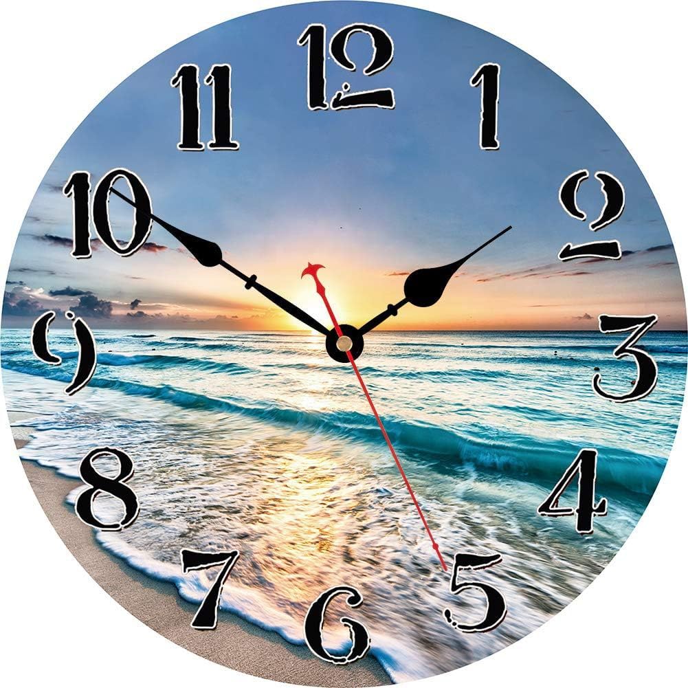 VIKMARI Bathroom Beach Sea Wall Clock, 12 Inch Beautiful Blue Clock, Unusual Modern Wooden Wall Clock for Kitchen Living Room Bedroom Office