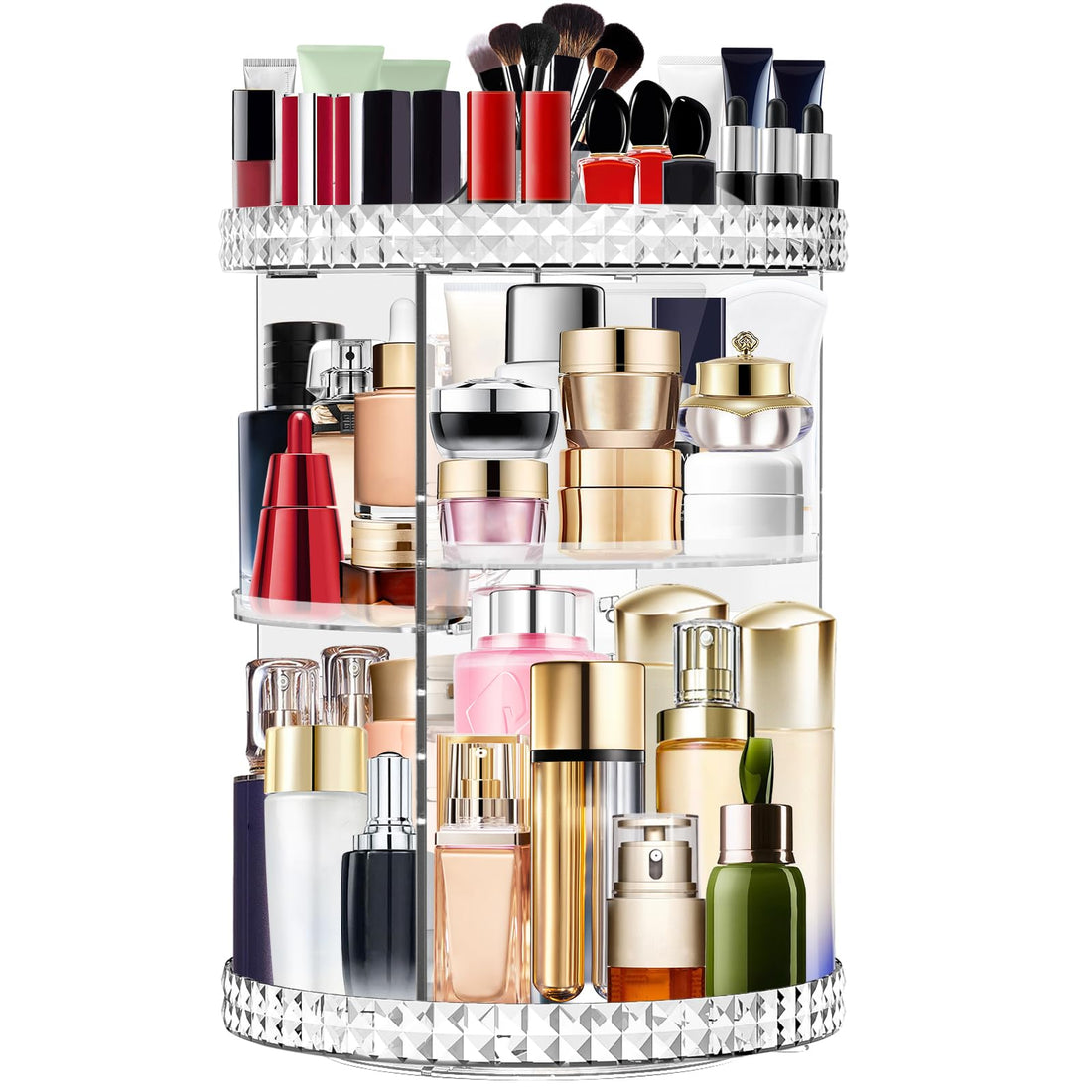 360 Degree Rotating Acrylic Makeup Organiser, Adjustable Cosmetic Storage Skincare Makeup Spinning Holder Lipsticks Brushes Perfume Display Stand Box, Perfect for Dresser, Bedroom, Bathroom(Clear)
