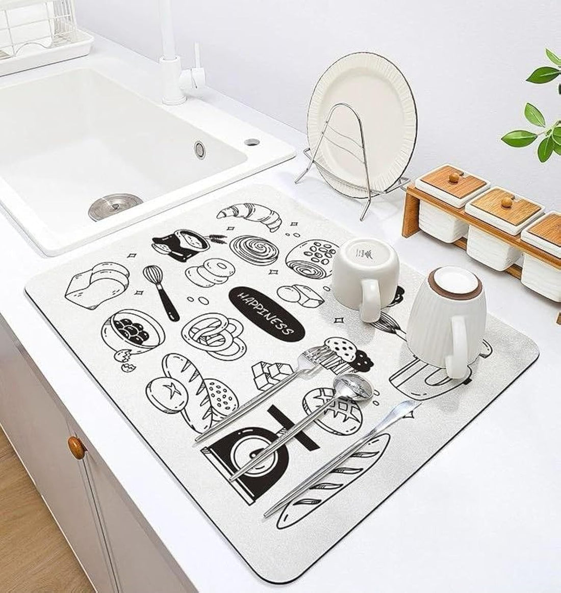 38cm x 30cm Leather Dish Drying Mat, Countertop Drainage for Bowls and Dishes, Soft Diatom Clay, Absorbent Quick Drying, Insulation for Home Bar Cups