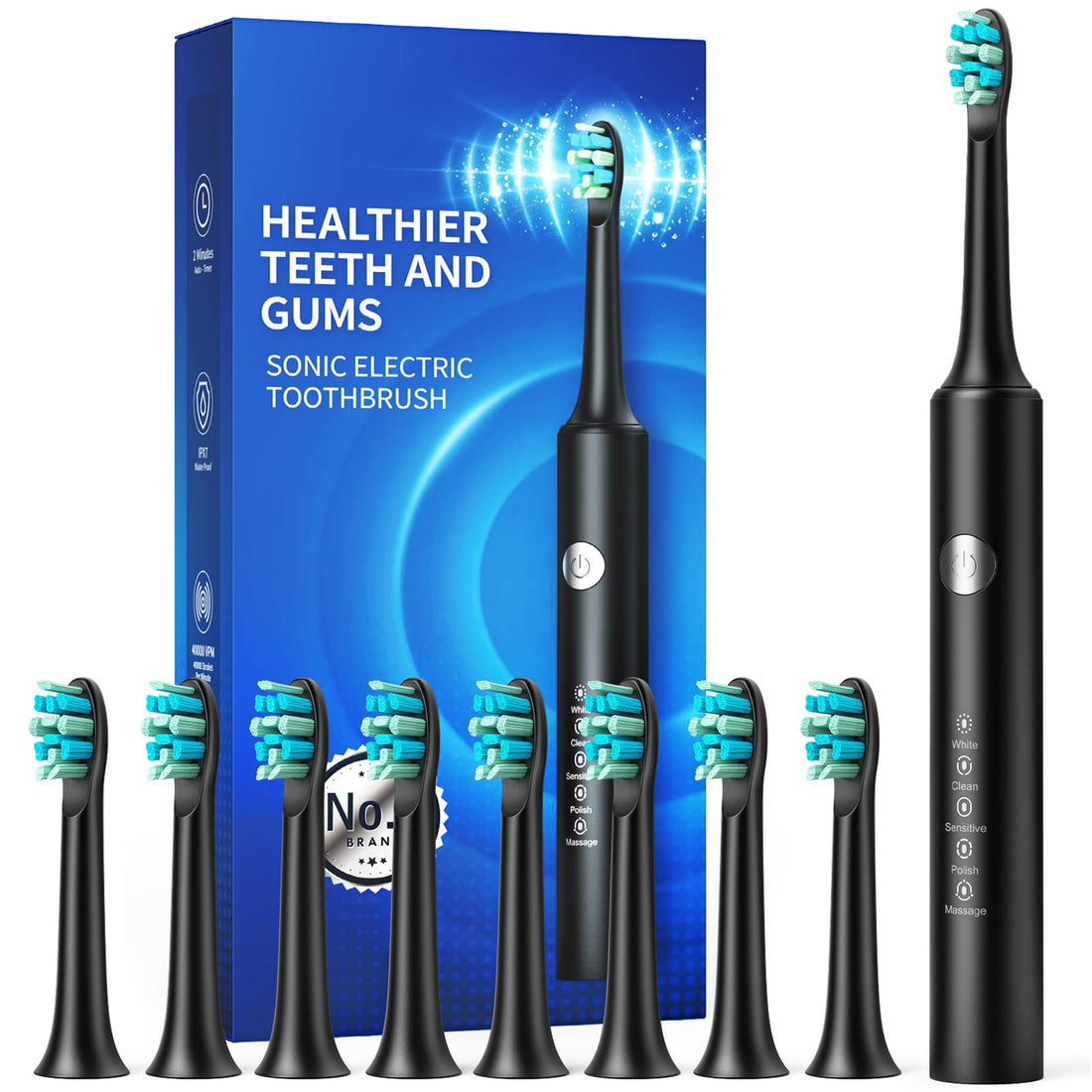 Demita Electric Toothbrushes,Electric Toothbrush for Adults and Kids with 8 Tooth Brush Replacement Head and 5 Brushing Modes,Sonic Toothbrush with 60 Days Battery Life,2 Minute Smart Time(Black)