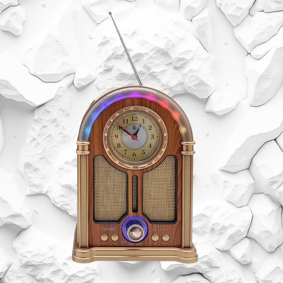 Retro Vintage Radio Speaker with Bluetooth, FM Radio, Clock, RGB Light, USB & TF Card, Rechargeable, TWS, Model NS-7219BT