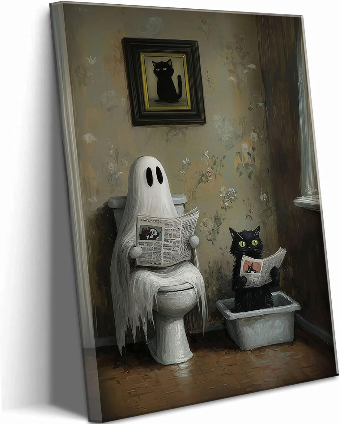 Funny Halloween Ghost and Black Cat Bathroom Canvas Wall Art Gothic Ghost on Toilet Wall Decor Picture Humor Toilet Posters Prints Dark Academia Aesthetic Decoration 12x16in
