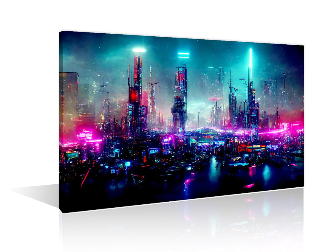 Cyberpunk Style Modern Wall Art Futuristic Cyberpunk City Full of Neon Lights at Night Picture Contemporary Artwork Print On Canvas Cyberpunk City Bedroom Wall Art Framed Ready to Hang, (16" Wx24 H)