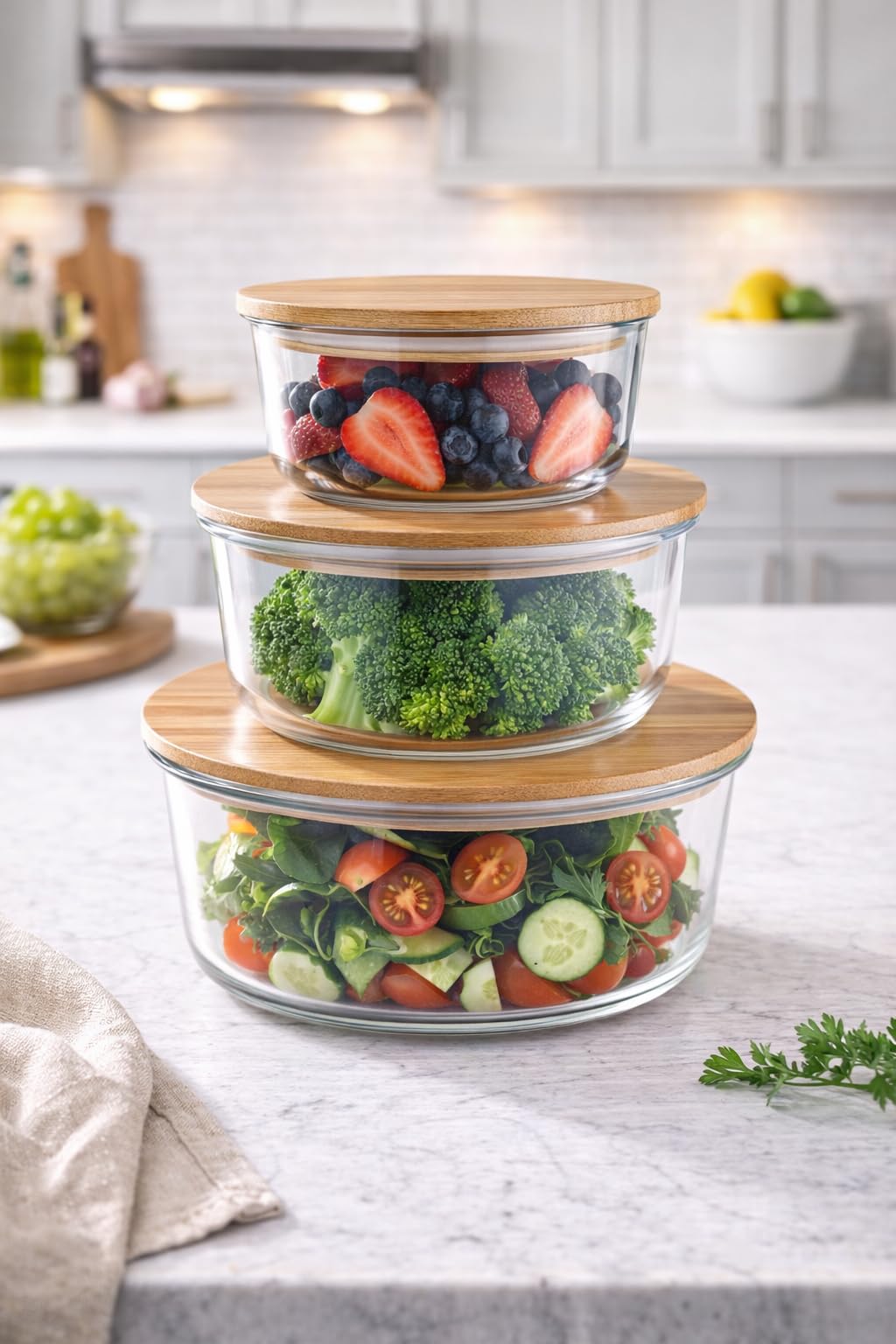 Air Tight Glass Container Microwavable Glass Containers With Wooden Lid Food Storage For Flour, Sugar, Coffee,teabags, Pasta,snack And Various Dried (set Of 3) (Circular)