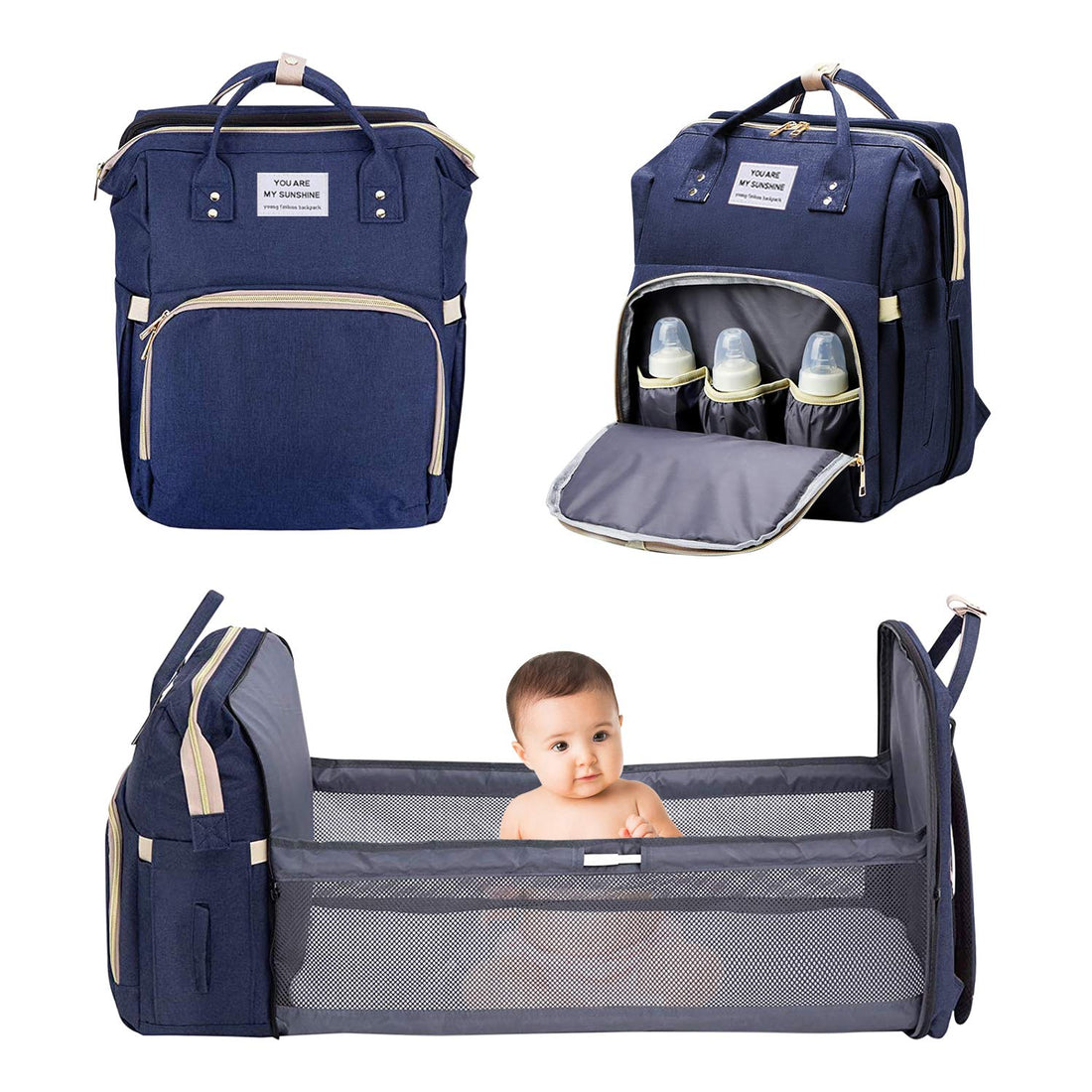 Baby Diaper Bag Backpack for Travel - Portable Nappy Bag with Changing Pad & Stroller Straps, Foldable Baby Bed Travel Bassinet, Waterproof Newborn Diaper Bag Tote (Navy)