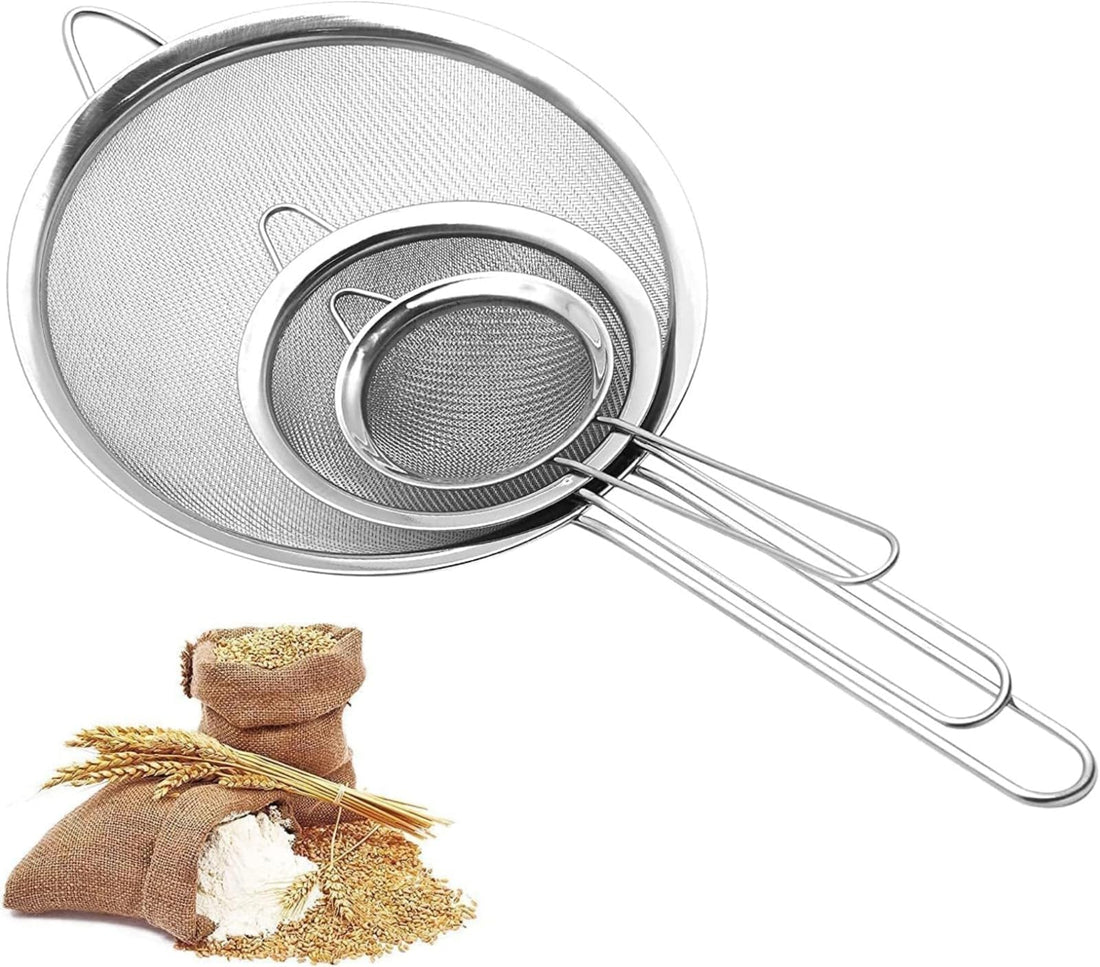 OVA Stainless Steel Mesh Sieves Set of 3 Pieces and Strainers – Rust-Resistant Metal Sifter for Flour, Baking, Cooking, Draining and Washing