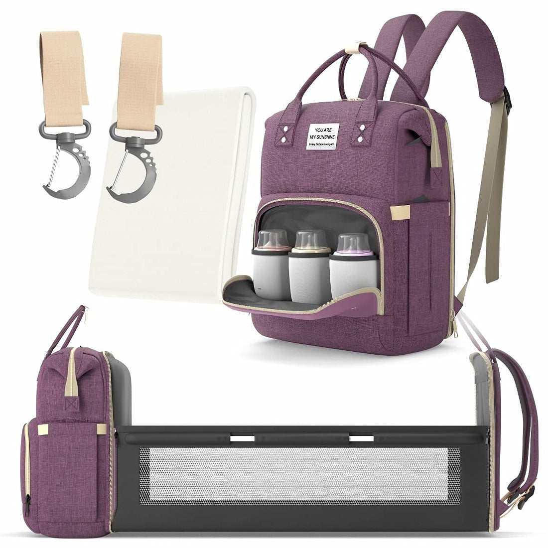 Multifunctional 3 in 1 Diaper Bag with Changing Station | Diaper Bag Backpack with Bassinet | Travel Baby Bed, Purple,