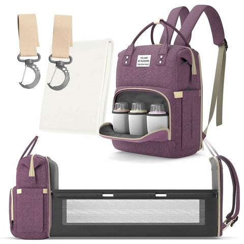 Multifunctional 3 in 1 Diaper Bag with Changing Station | Diaper Bag Backpack with Bassinet | Travel Baby Bed, Purple,
