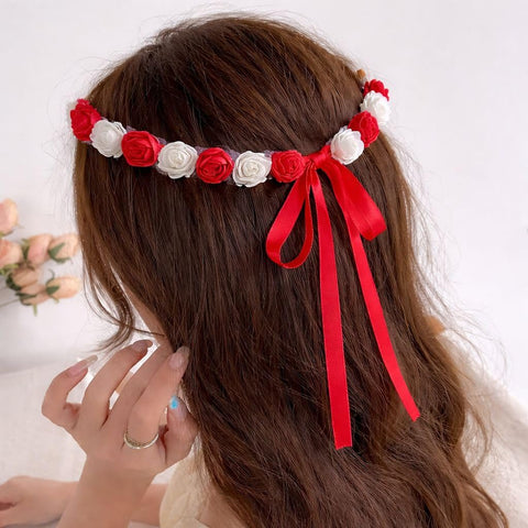Flower Crown Flower Garland for Girls Elegant Hairstyle for Festival Birthday Party School Cosplay (Red)