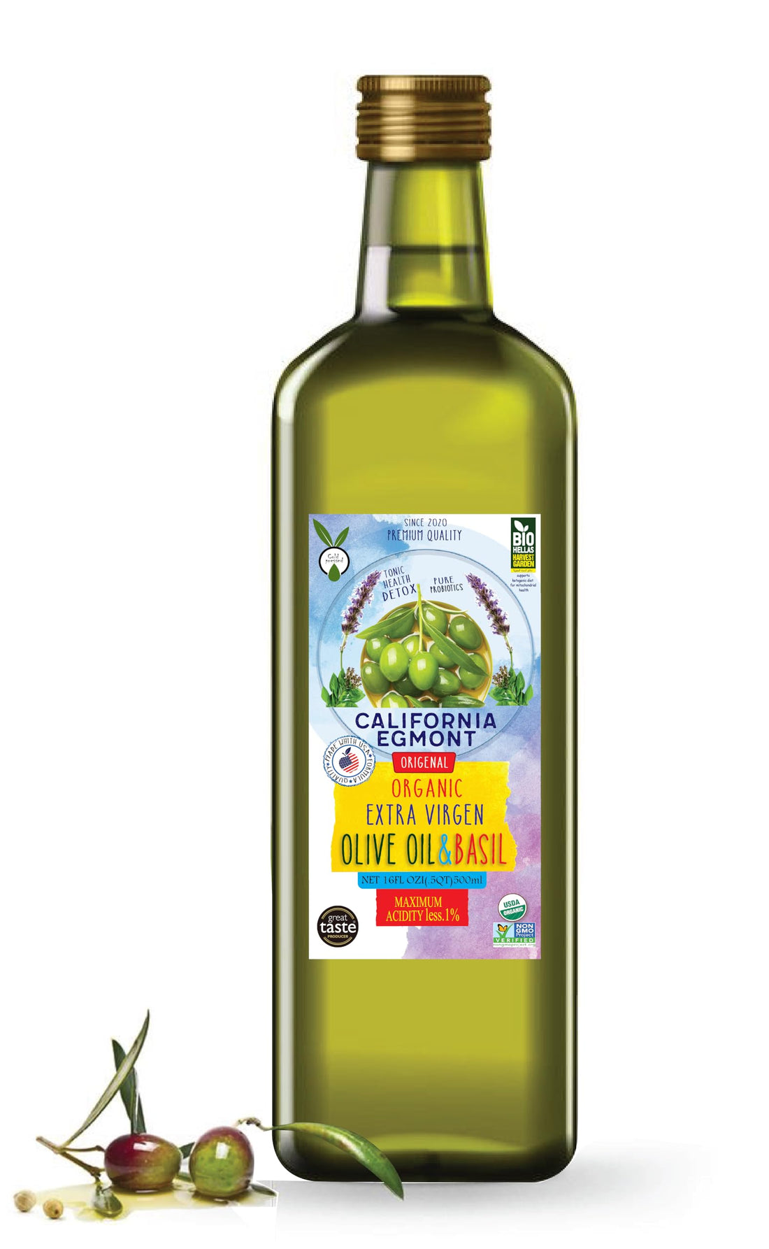 California Egmont Extra Virgin Olive Oil Cold Pressed to Maintain Its Rich and Well-Balanced Flavor, Less Than 1% Acidity (500g, Basil Aged Olive Oil)