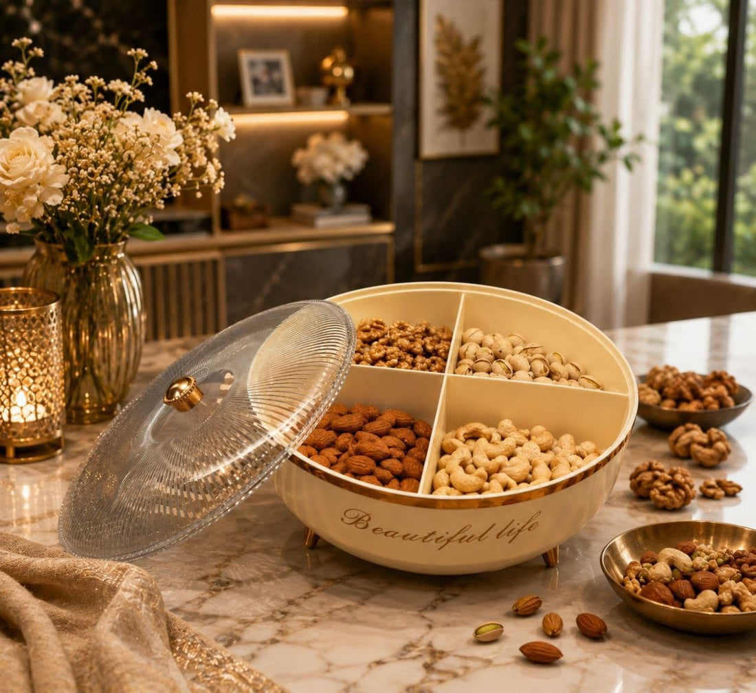 Generic Rotating Snack Bowl with 4 Compartments, Transparent Lid, 360° Rotating Base, for Nuts, Sweets and Dried Fruits, .Ais