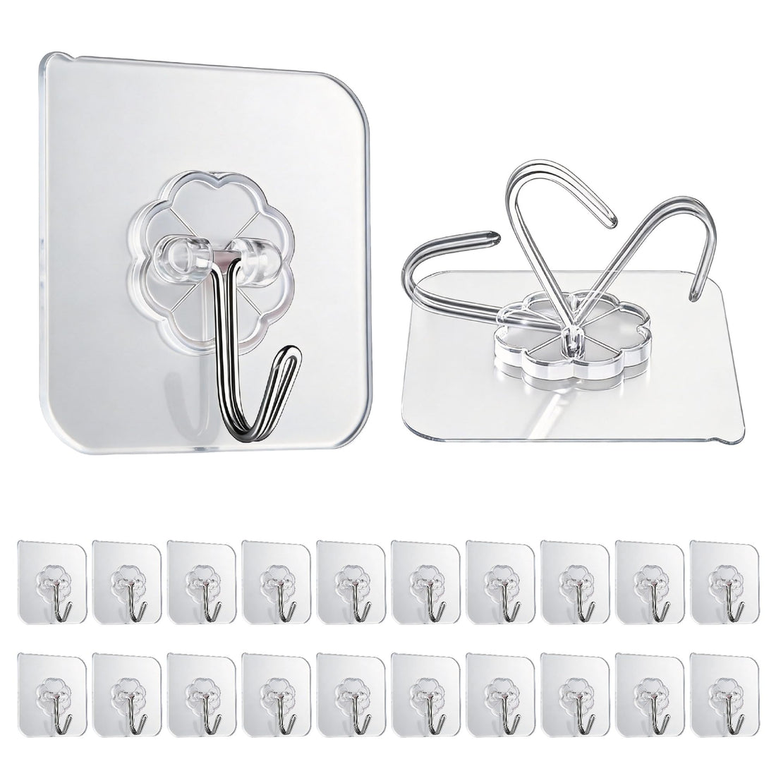 Wall Hooks 15kg(MAX) Heavy Duty Self Adhesive Hooks 20 Pack,Waterproof and Oilproof,Transparent Reusable Seamless Hooks Strong,Suitable for Bathroom Kitchen