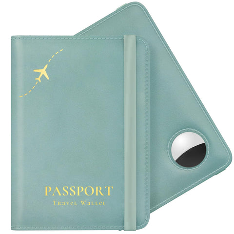 Passport Holder, Cute Passport Holder with Airtag Slot, RFID Passport Wallet Cover for Women, Family Leather Passport Protector Case, Anti-Lost Travel Essentials, Sky Blue