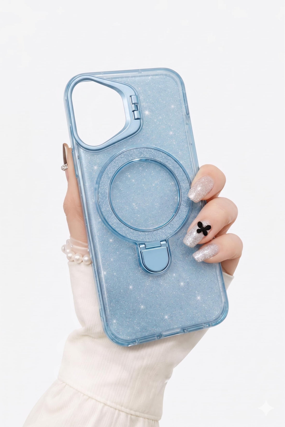 Glitter Liquid Kickstand Case for iPhone 16,Cute Luxury Bling Sparkle with Camera stand Flowing Ring Stand Plating Bumper Shockproof Women Girls Cover for iPhone 16 (Shiny Blue)