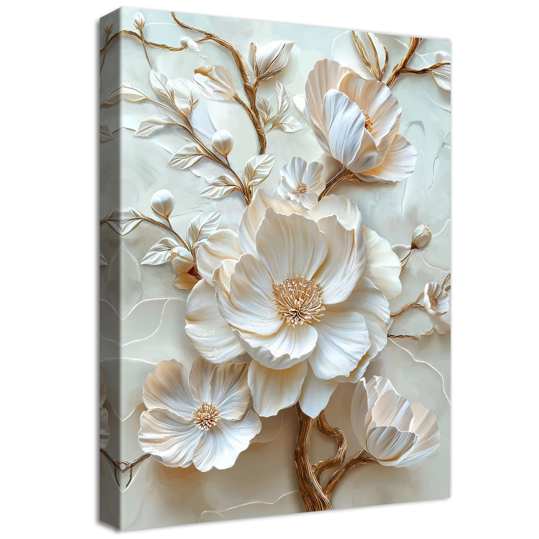 HALFLEMART Wooden Framed Canvas Wall Art 3D White Peony Flower Painting on Canvas Prints Poster Beige Floral Pictures for Living Room Bedroom Bathroom Dining Room Hallway Wall Decoration 30x40cm