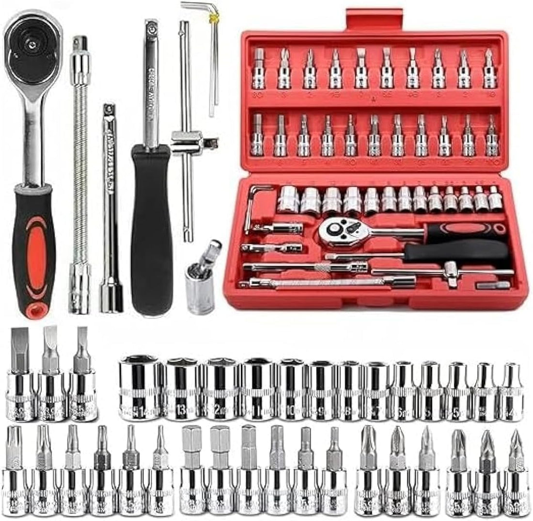 46 Pcs 1/4 Inch Screwdriver Drive Socket Bit Set Car Repair Tool with Reversible Ratchet Wrench Spinner Handle and Extension Bar Kit-Storage Case Chrome Vanadium Material For Automobile Bike/Bicycle
