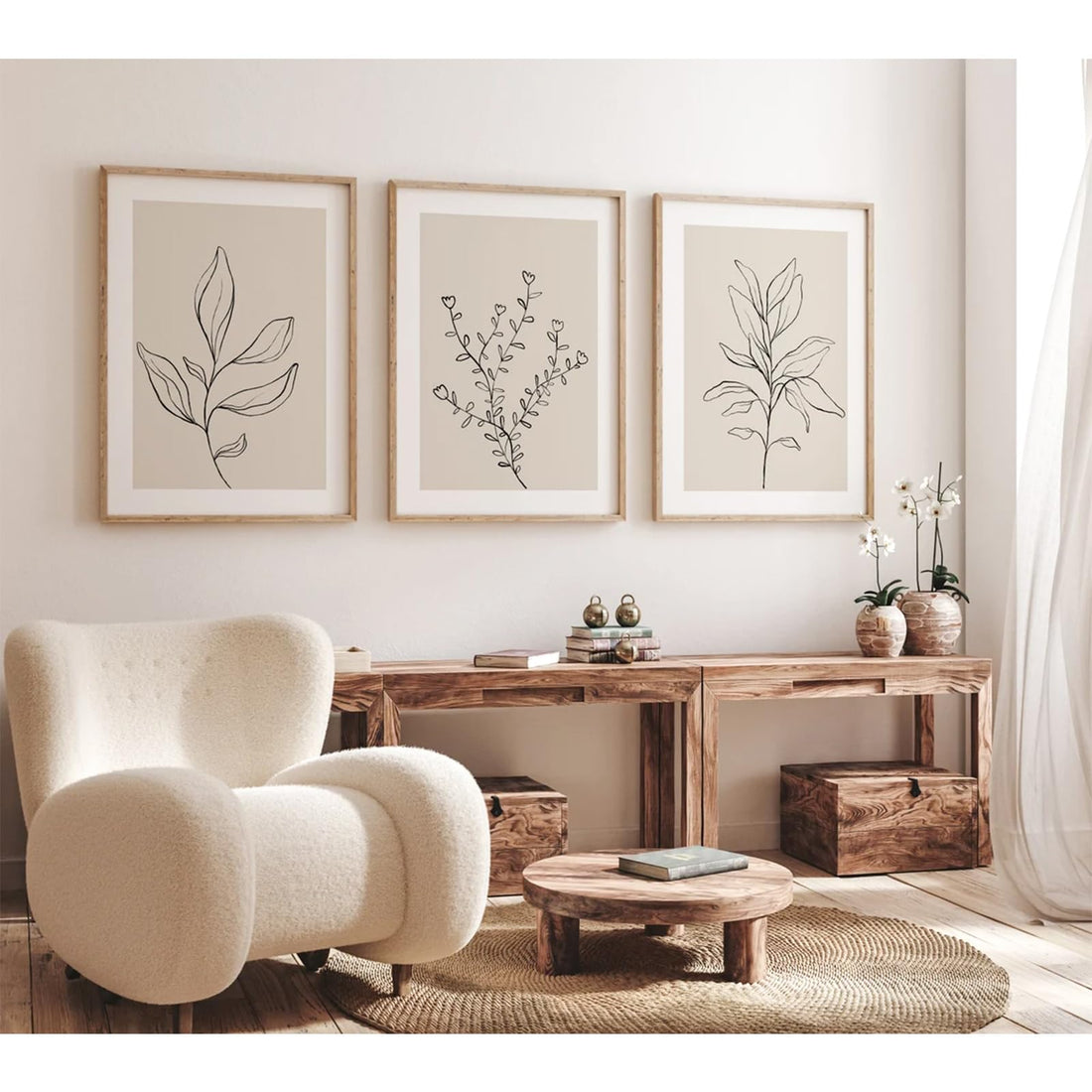Boho Beige Canvas Wall Art Set of 3 - Botanical Minimalist Prints for Bedroom - 12x16 Inch Unframed
