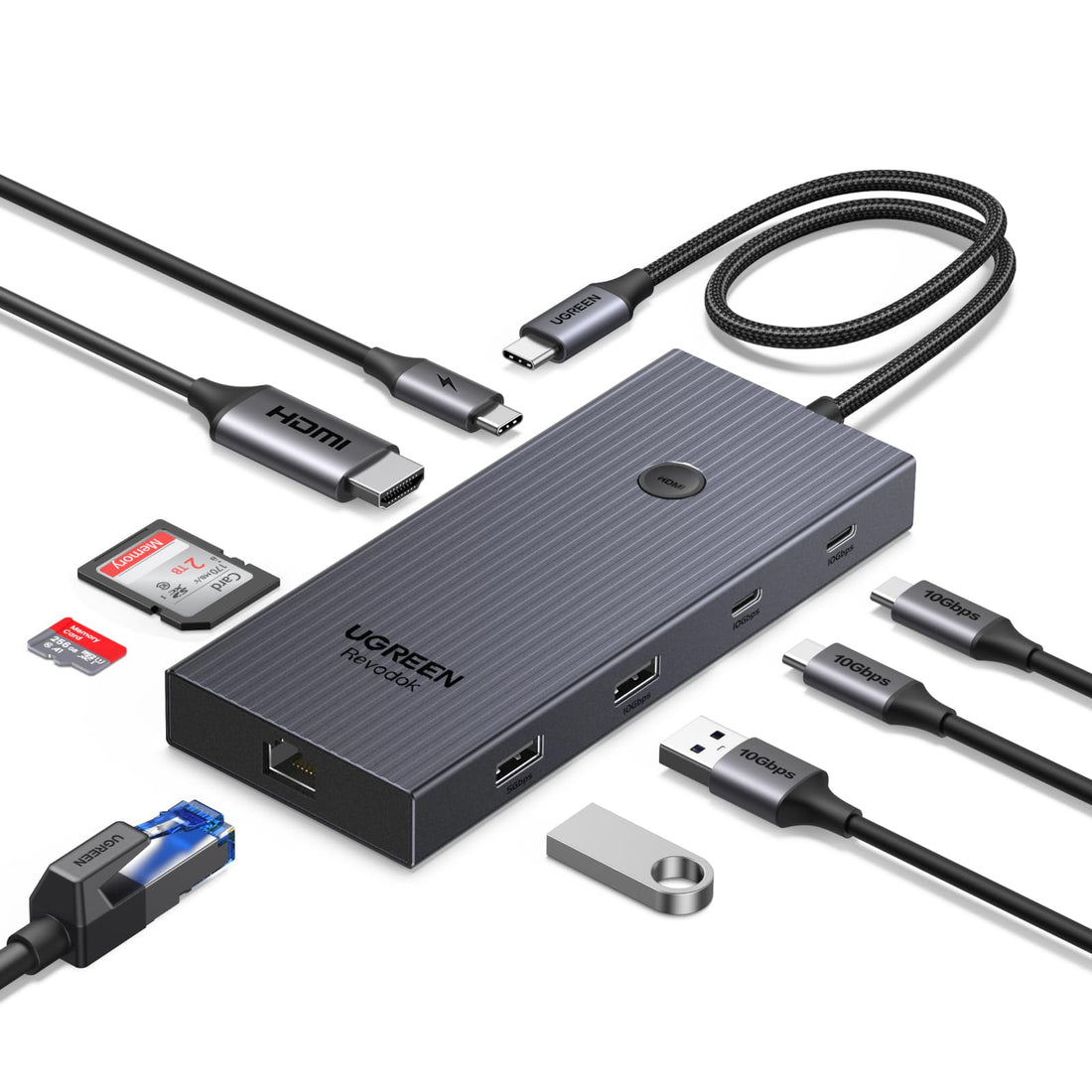 UGREEN Revodok Pro 1091 USB C Hub, 10Gbps USB C Adapter with 4K HDMI, Gigabit Ethernet, USB 3.2 10Gbps Data Ports, SD/TF Card Reader, PD 100W Compatible with MacBook, Surface, iPad Pro, etc.