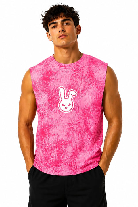 Men's Graphic Tank Top, Rabbit and Leopard Print, Pink, Sleeveless, Lightweight, Breathable, for Gym, Beach, and Casual Wear