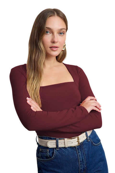 Trendyol Womens Dark Burgundy Square Neck - Draped Detail Body-Fitting Blouse Twoaw25Bz00194 Blouse