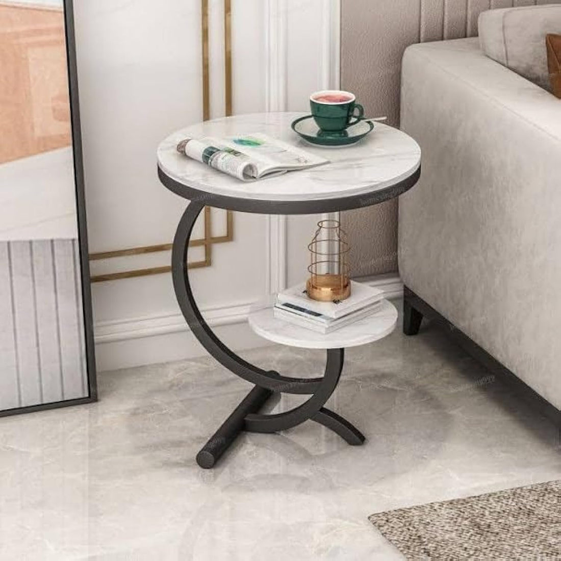 Final table made of metal and wood with storage function, black and white, medium
