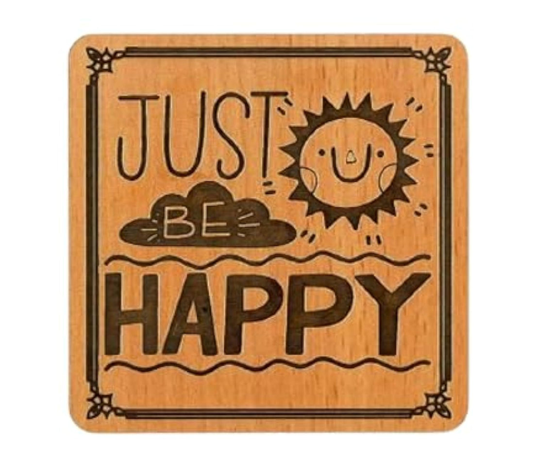 SIGN & DESIGN Coaster/Wooden Square Coaster.Engraved Quote About Happiness, Thickness 6 Milliliters 9.5 x 9.5 x 0.6 cm - Havan