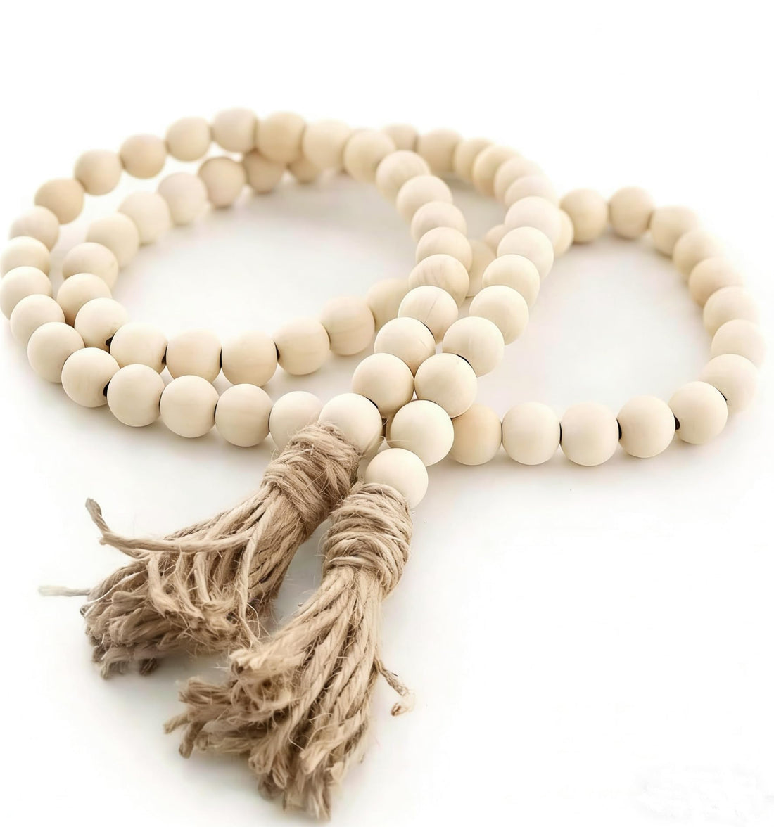 Hor 58inch Natural Wood, Jute Farmhouse Bead Garland - 84 Wood Beads with Tassel for Wall Hanging, Vase, Door Decor
