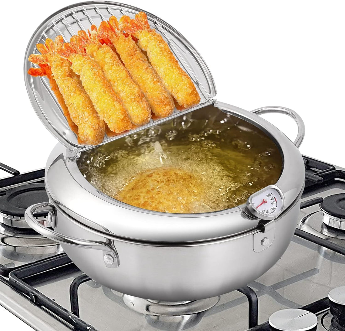 Deep and Thick Stainless Steel Frying Pan with Oil Filter Net for Easy Frying and Roasting to Maintain Crispiness and Perfect Taste in Kitchen