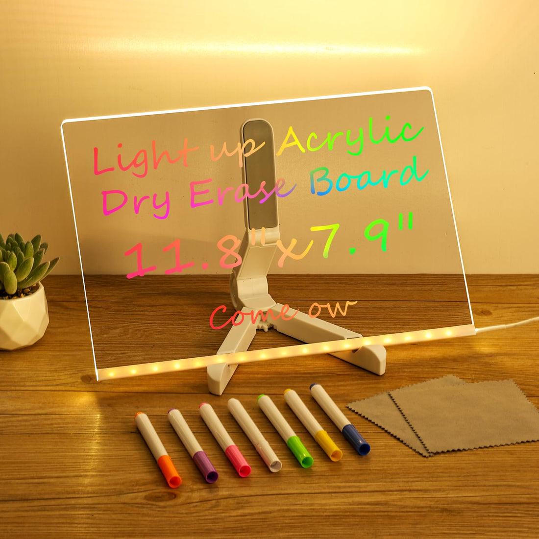Acrylic Dry Erase Board with Light 12 X 8” Light up Dry Erase Board with Stand as a Glow Memo LED Letter Message Board Note Glass Led Board White Board with 7 Pen for Office School Home