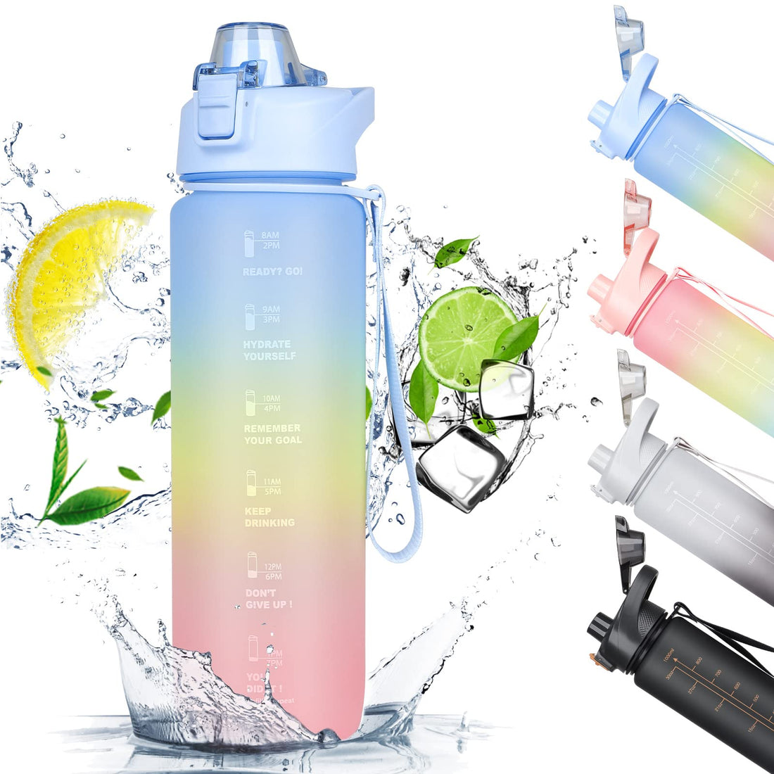 CodiCile Water Bottle, Sports Water Bottle 1L with Motivational Time Markings and Filter, Leakproof Drinks Bottle with BPA-Free for Gym, School, Yoga, Cycling, Running, Camping (Blue Gradient)