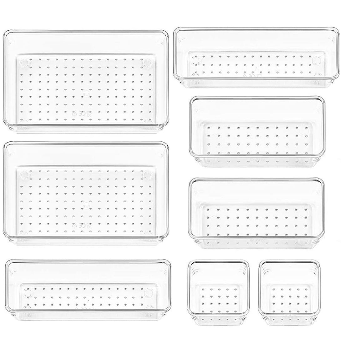 8 Pack Clear Drawer Organizer, 4 Sizes Organization and Storage Trays, Drawer Organizer Bins for Kitchen, Vanity, Bathroom, Office