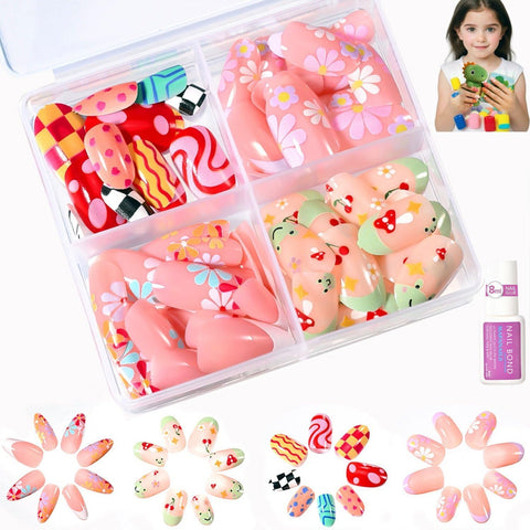 96Pcs Kids Press on Nails - Cute Fake Nails with Flower Cherry Patterns, Stick on Nails with Glue, Pre-glue Full Cover Short False Nails, Full Cover DIY Manicure Art Decoration for Girls