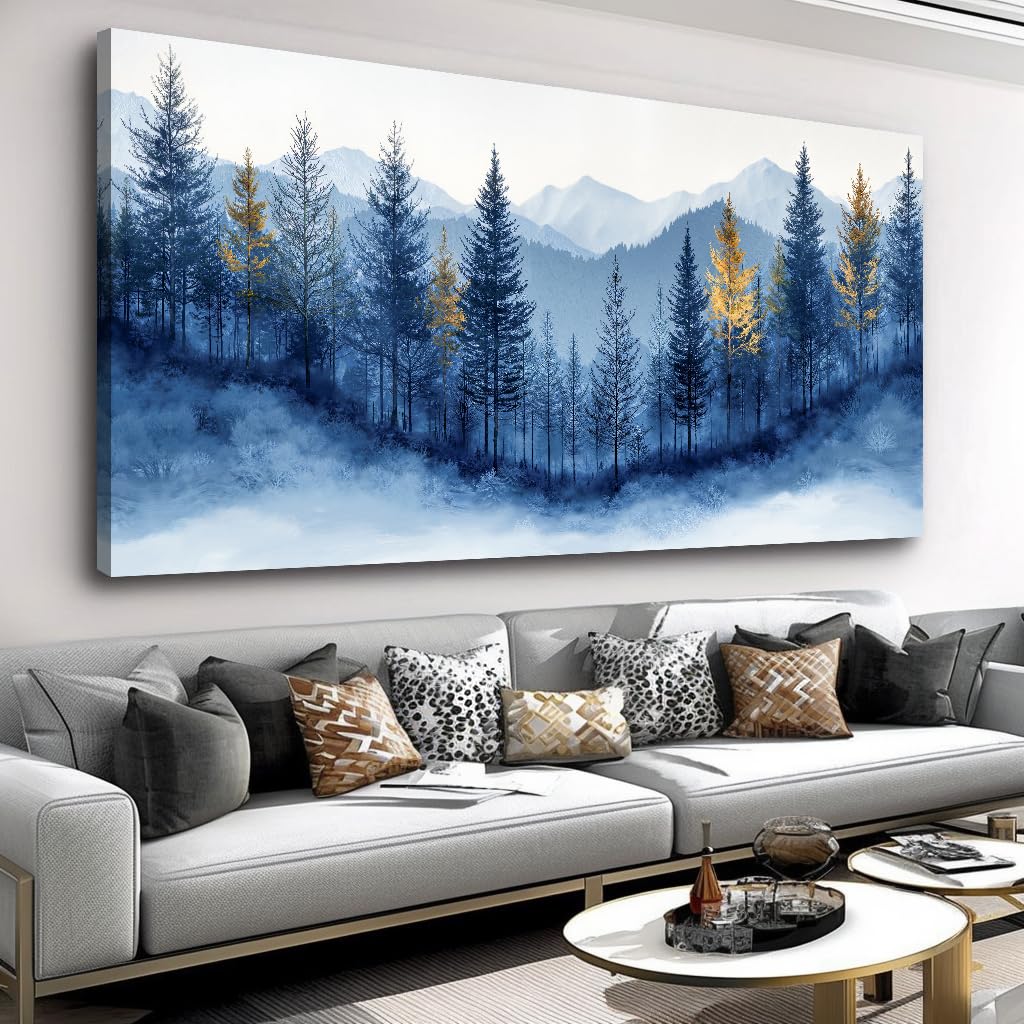 Large Foggy Forest Trees Wall Art Mountain Landscape Framed Canvas Print for Living Room, Bedroom, Dining Room, Home Office Modern Nature Inspired Ready to Hang Home Decor for - 20"x40"