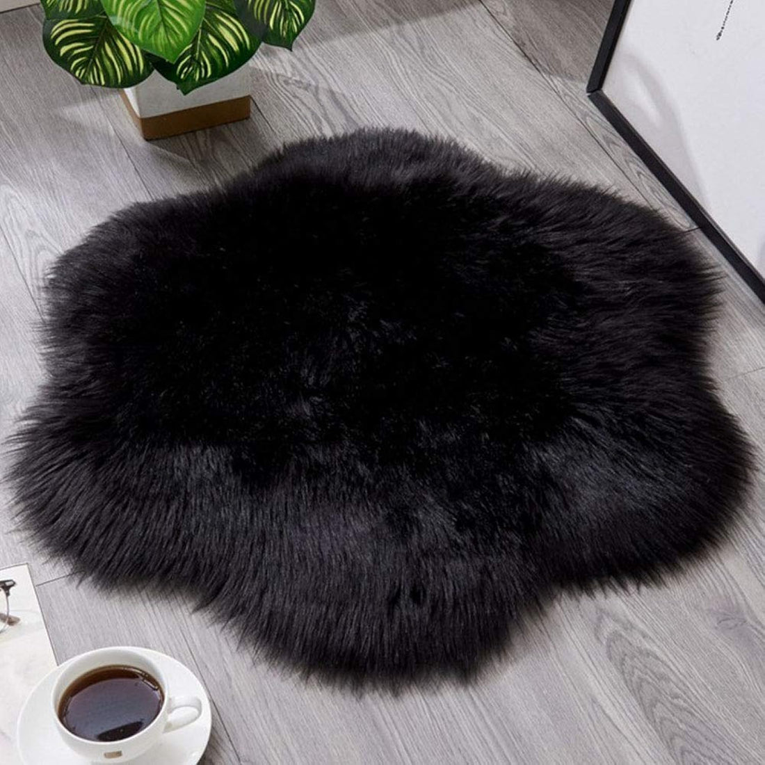 Black Plush Faux Fur Area Flower Shape Shaggy Carpet Luxury for Bedroom Living Room Chair Modern Fluffy Floor Mat Diameter 24inch