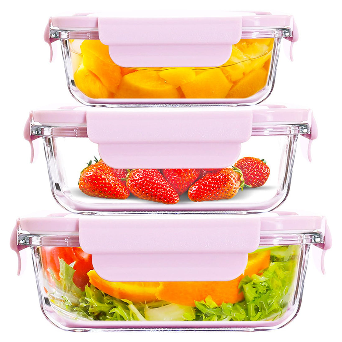 3Pcs Glass Food Storage Containers with Lids Airtight Glass Salad Container for lunch Meal Prep and Leftovers for Microwave, Oven, Freezer and Dishwasher Safe 15oz, 24oz, 37oz (Pink)