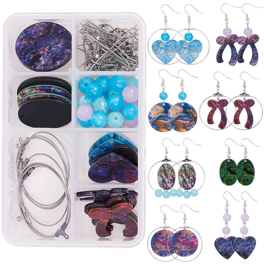 SUNNYCLUE DIY 8 Pairs Resin Dangle Round Oval Heart Earring Making Starter Kit Include Acrylic Beads & Stainless Steel Earring Hoops & Brass Earring Hooks Jewellery Making Accessory Supplies