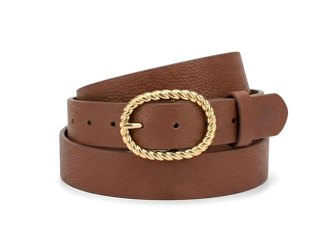 Gold Buckle - Elegant white leather belt for women with twisted rope oval design, perfect for casual outfits, offering style and adjustable secure waist