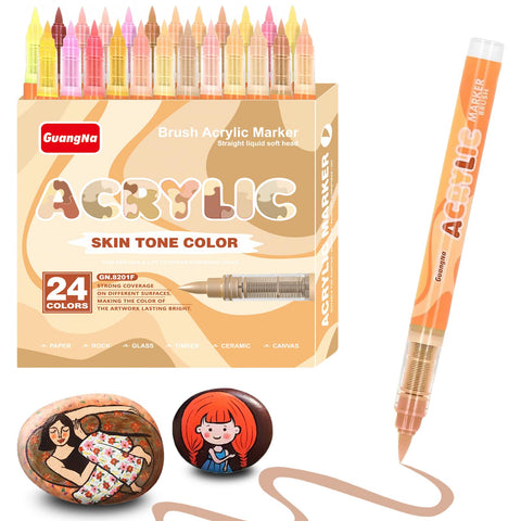 Skin Tone Acrylic Paint Markers, 24 Colors Anime Pro Soft Brush Tip Quick-Dry Waterproof Art Paint Pens for Canvas, Wood, Metal, Ceramic, Egg, Rock Painting and DIY Art Crafting