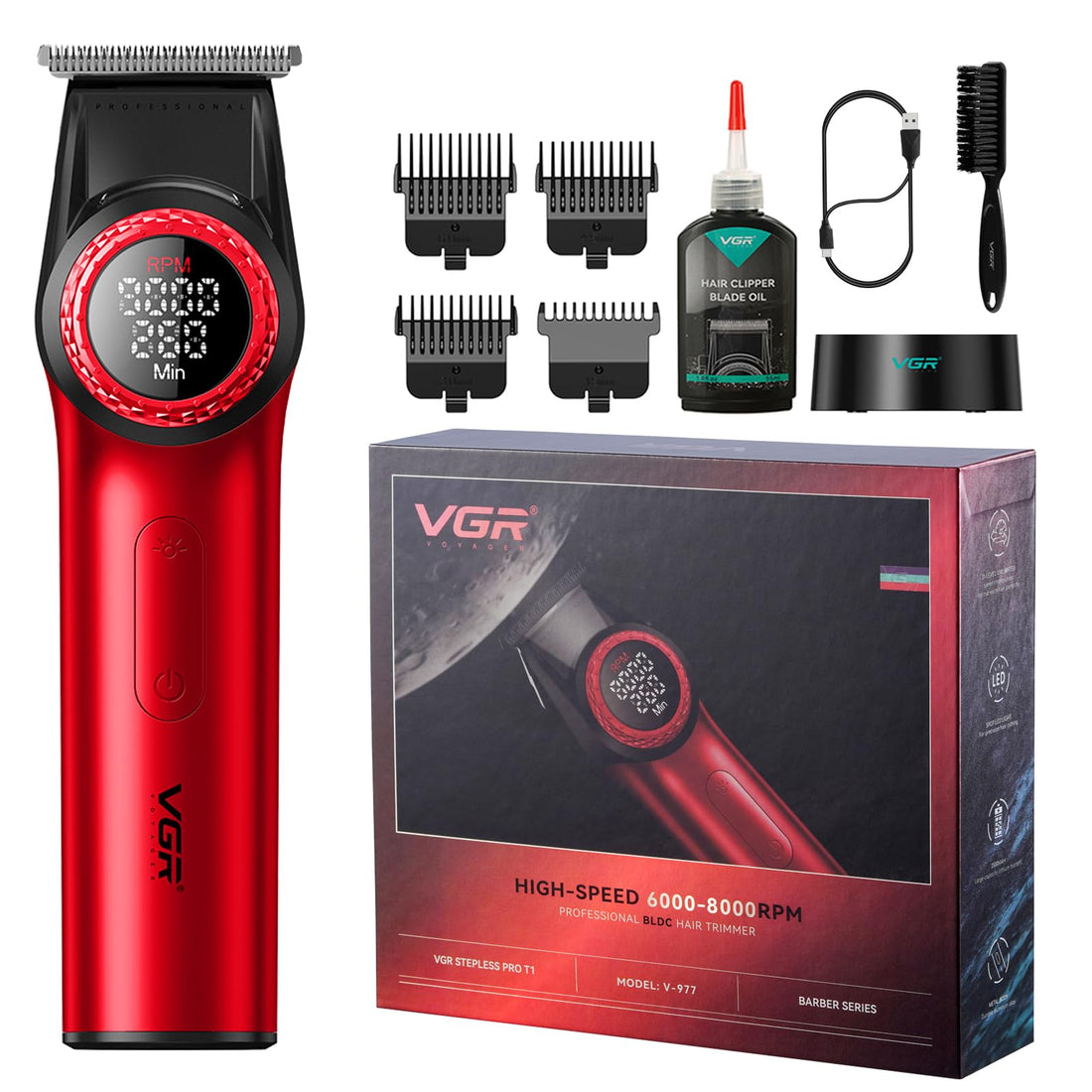 VGR 977 Professional Hair Trimmer Hair Clippers for Men, 8000rpm T-Blade Trimmer Zero Gapped Cordless Barber Clippers, Rechargeable Edgers Clippers with LED Display(Red)