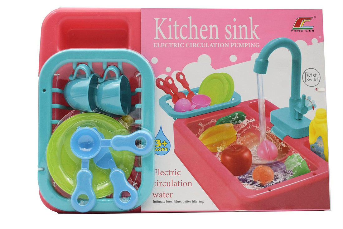A kitchen sink game with some game fruits and tap it with water