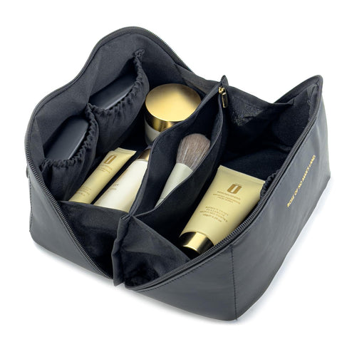 SLIFOUE Large Capacity Travel Cosmetic Bag,Makeup Bag,Waterproof Portable Leather Makeup Organizer Bag with Dividers and Handle (Black)