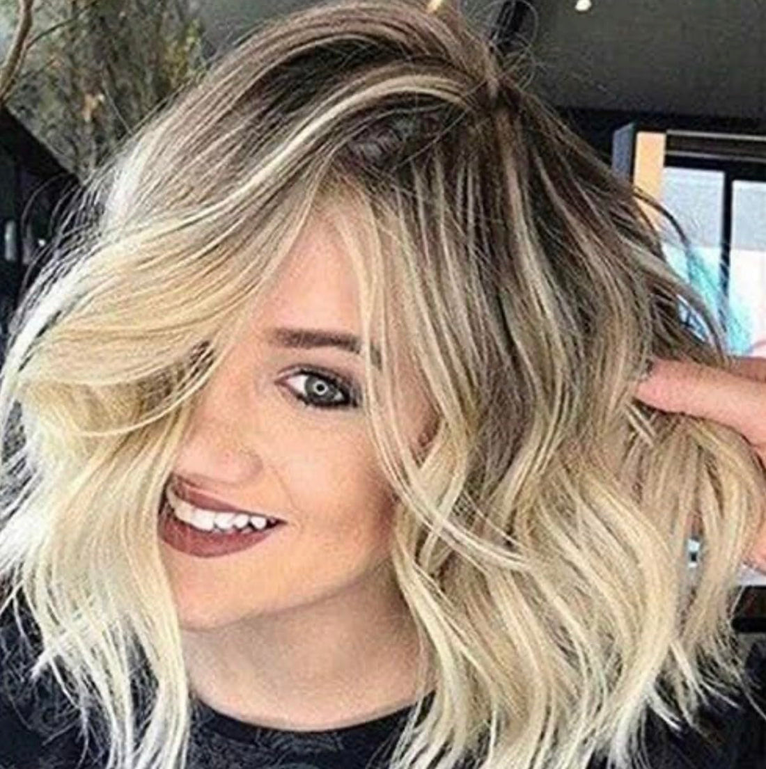 Short Heat Fiber Wig Ombre Black at Roots to Light Blonde at Ends Natural Wave