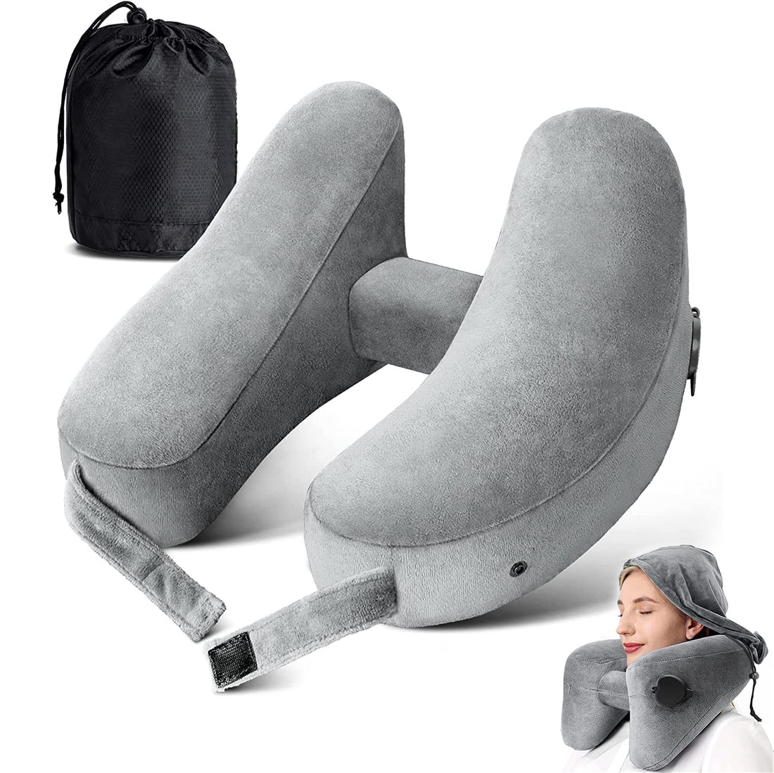 Neck Pillow Inflatable Travel Pillow Comfortably Supports The Head, Neck and Chin, Airplane Pillow with Soft Velour Cover, Hat, Portable Drawstring Bag (Grey)